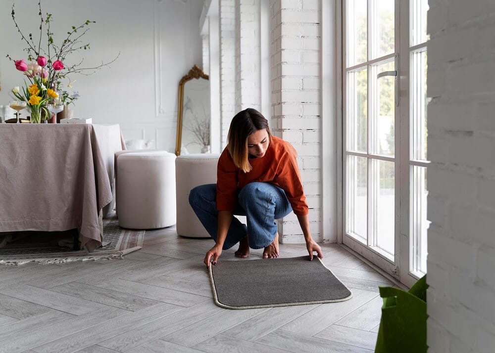 Photo of a woman placing a mat on the inside of an external doorway